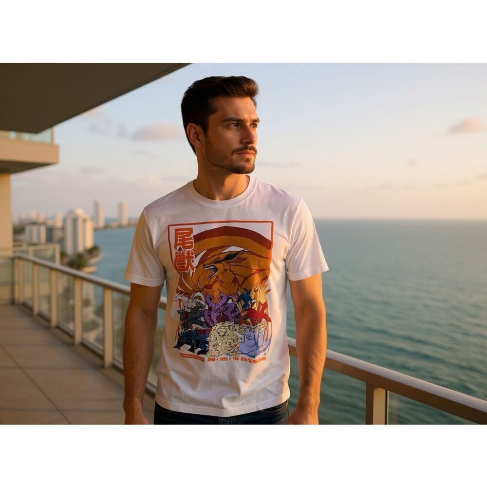 NWT Men’s Naruto Shippuden Biju Tailed Beasts Shirt White Kurama Anime XL #6